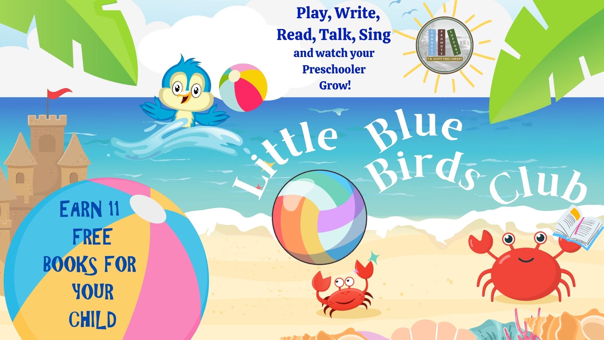 Cartoon beach scene promoting the Little Blue Birds Club with a blue bird, a crab, and beach elements.