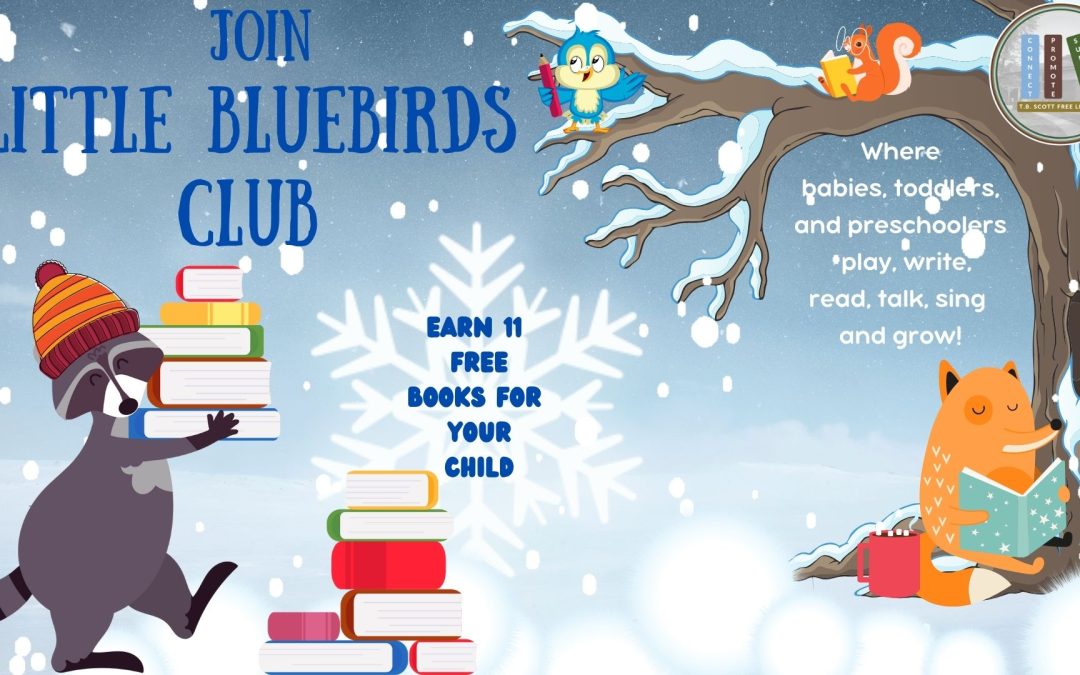 A winter-themed illustration for a reading club, featuring animals with books and promotional text.