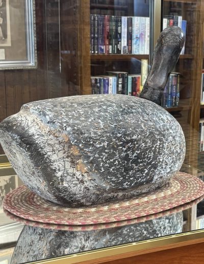 A wooden duck sculpture in a glass display case with a brass frame.