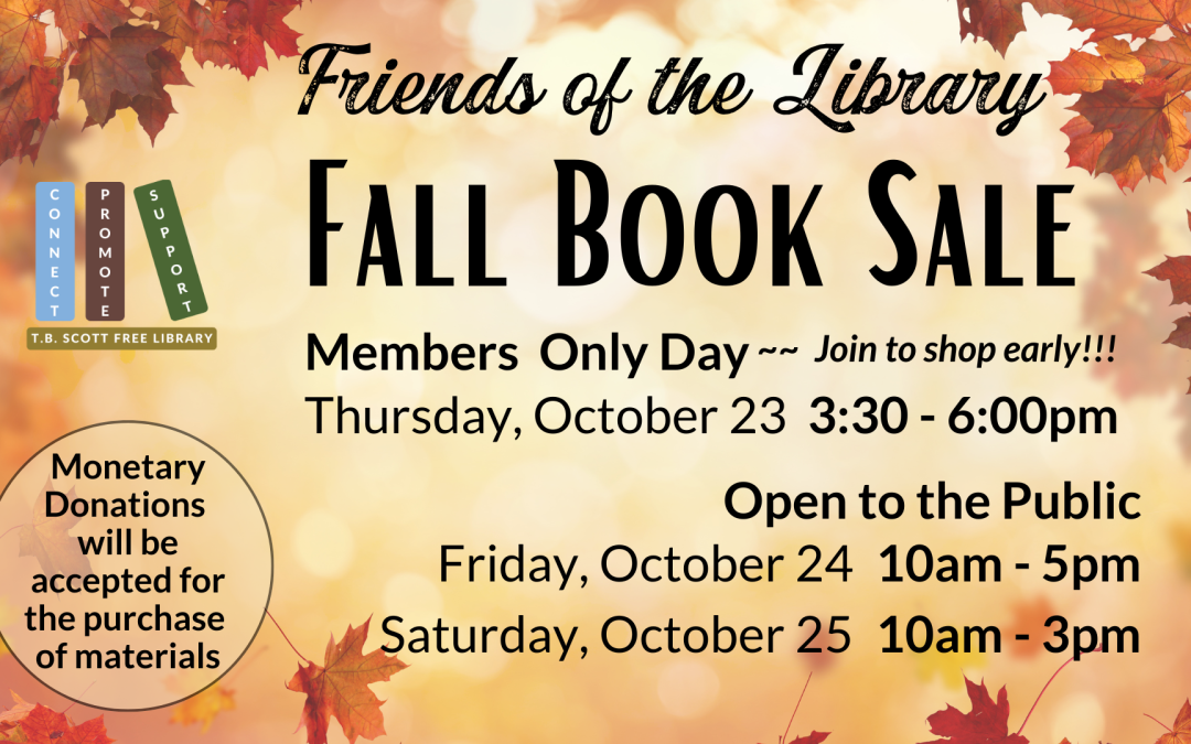 Promotional poster for a fall book sale by Friends of the Library with autumn leaves and event details.