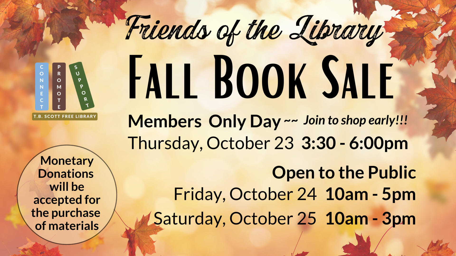 Promotional poster for a fall book sale by Friends of the Library with autumn leaves and event details.