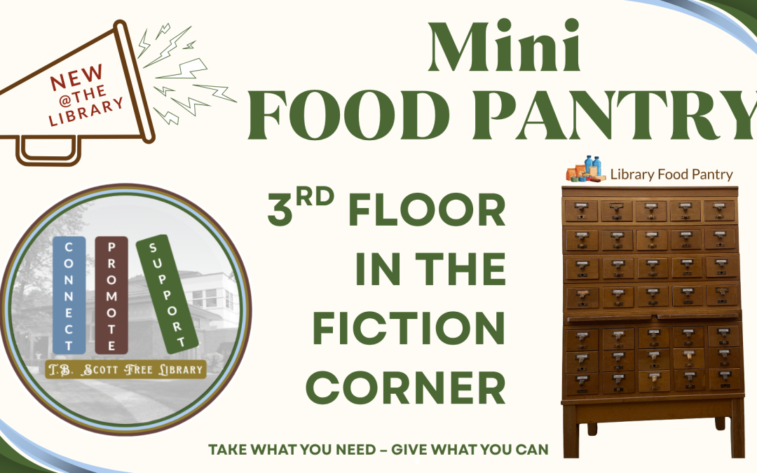 Library's Mini Food Pantry announcement featuring a card catalog cabinet and library logo.