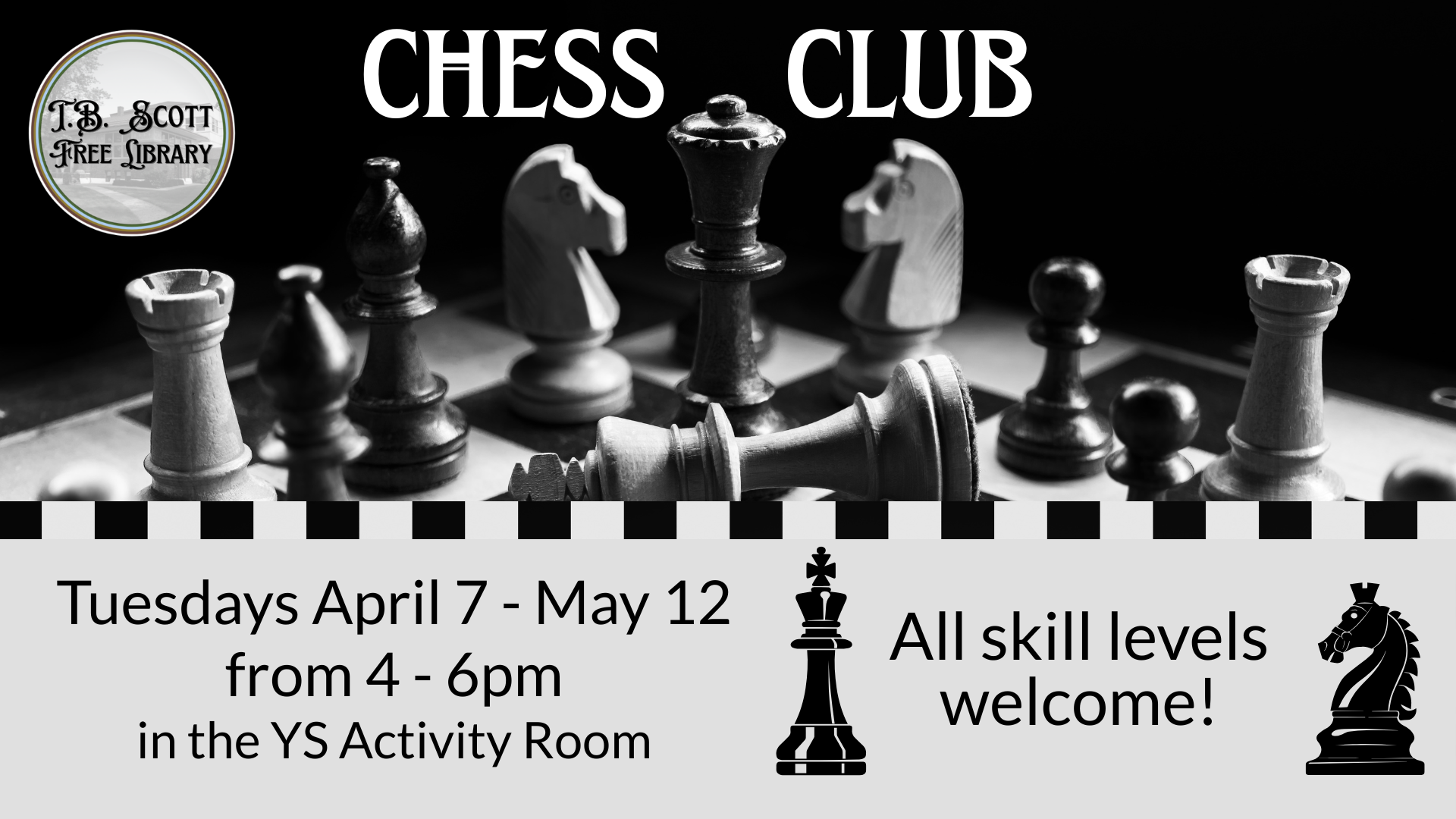 Monochrome image advertising a chess club with chess pieces and meeting details.