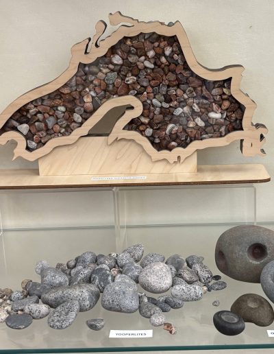 Display of various labeled stones and minerals in a glass cabinet.